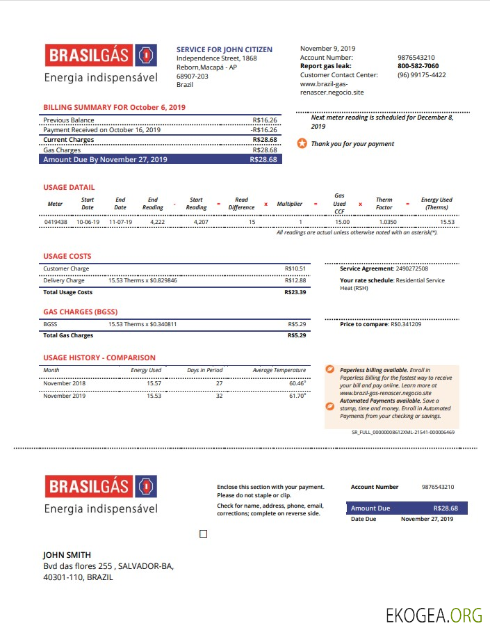 Brazil Gas utility bill template in Word and PDF format